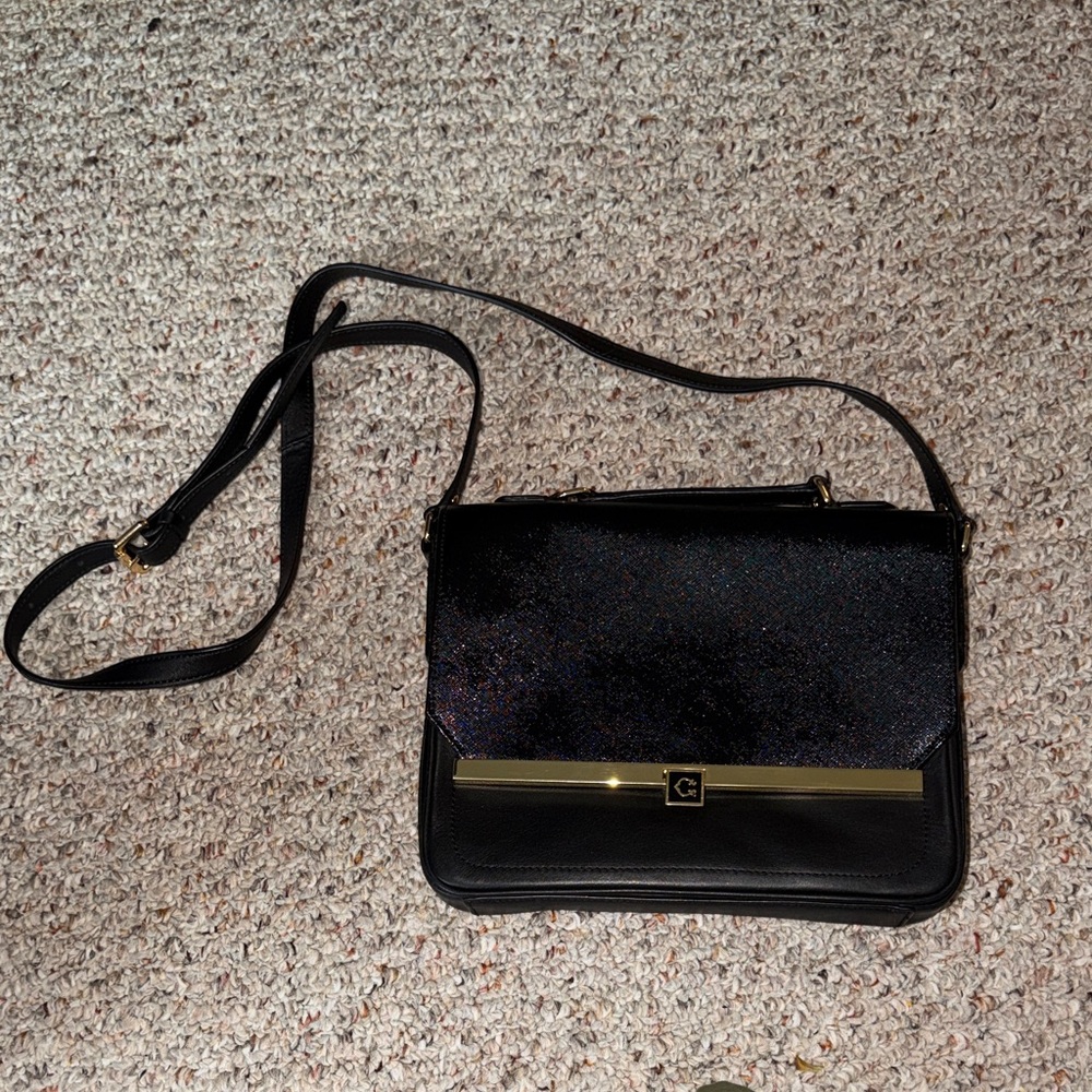 Black Crossbody Shoulder Bag with Gold Accent